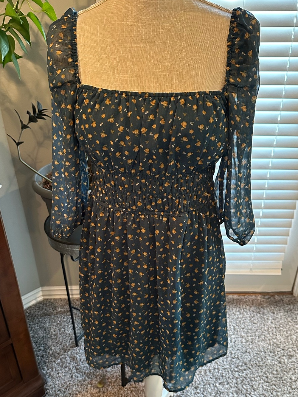 Altar'd State Dark Green Floral Smocked Square-Neck Mini Dress